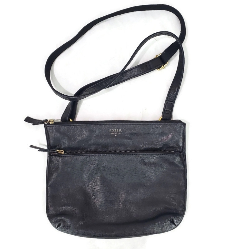 FOSSIL 1954 Black Pebbled Cowhide Leather Adjustable Crossbody Bag & Coin Purse - Picture 1 of 16